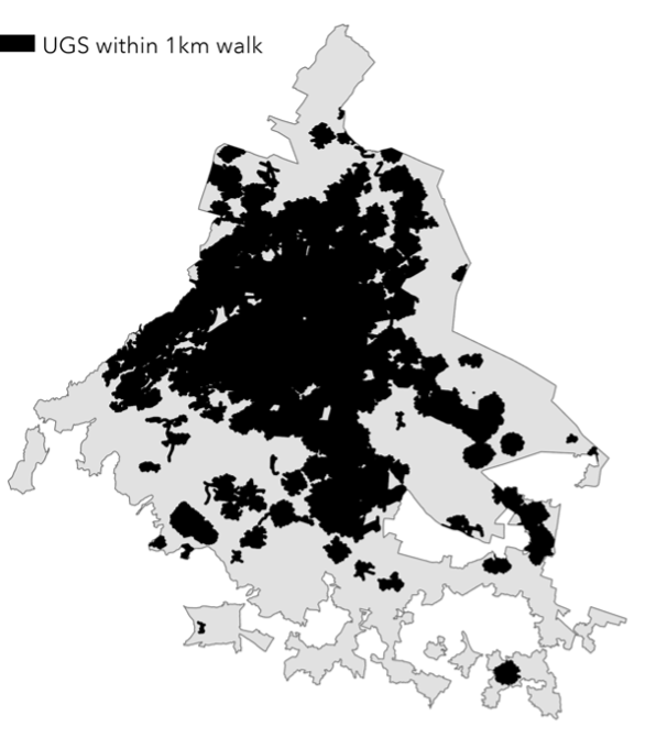 Area of Mexico City within a 1km walk of urban green space