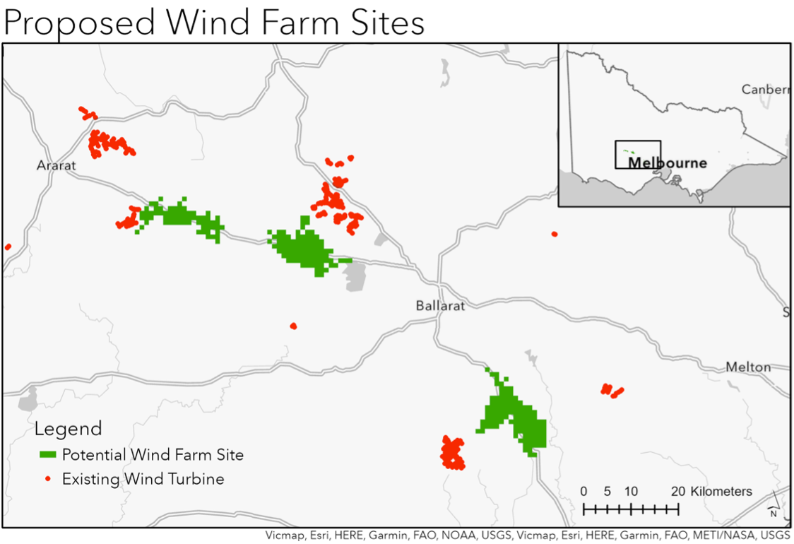 Three potential wind farm sites